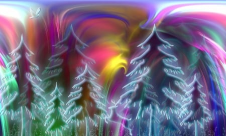 Winter fantasy - forest, winter, pink, yellow, abstract, deer, blue, aurora, white, fantasy, tree, luminos, horns, green