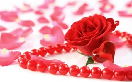 Happy Valentine's Day! - heart, beads, petals, pink, necklace, white, red, valentine, rose