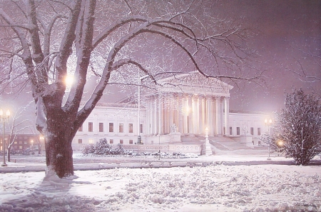 Justice for All - building, snow, winter, tree, usa, washington, lights