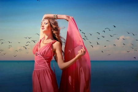 Pink Beauty - girl, pink, sea, dress, model, birds