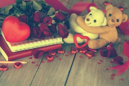 With Love - with love, toys, teddy bears, roses, valentines day, for you, flowers, rose