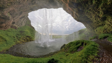 Waterfall - cave, water, nature, Waterfall, moss