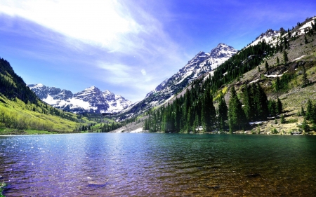 Green Forest on the River - nature, lake, trees, mountain, forest, snow, river