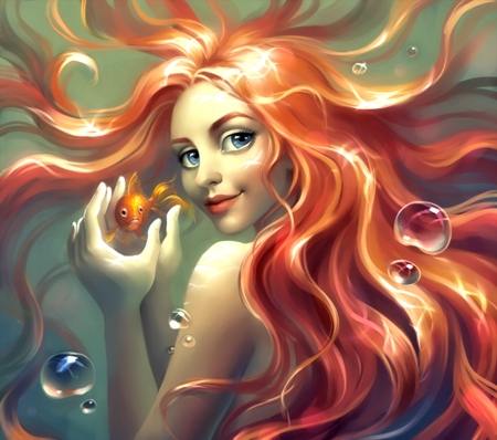 Mermaid and Goldfish - fish, pretty, fantasy, mermaid