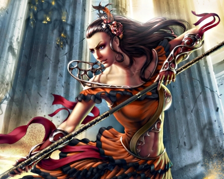 Christina - game, blue, girl, skavenzverov, orange, fantasy, christina, red, woman, spear