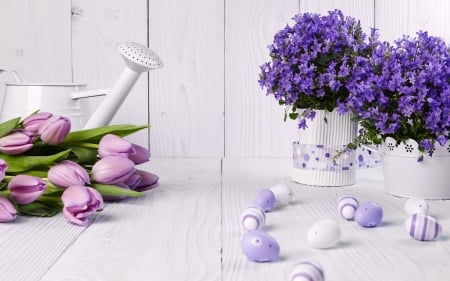 Happy Easter! - flower, purple, spring, egg, vase, wood, easter, white, card, tulip