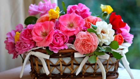 Flowers - flowers, basket, white, yellow, rose, pink, redd