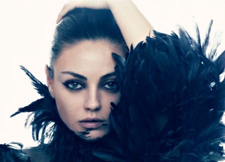 Mila Kunis - white, woman, face, actress, girl, blue, feather, mila kunis