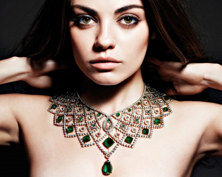 Mila Kunis - necklace, Mila Kunis, woman, green, girl, face, jewel, actress