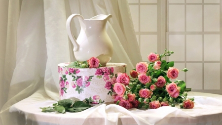 Still Life - pot, roses, flowers, still life