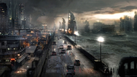 Apocalyptic City - highways, apocalyptic, 3d, water, city, flood