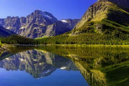 Reflections - lake, mountain, trees, hills, shore, rocks, serenity, reflections, tranquil, mirror, beautiful, cliffs