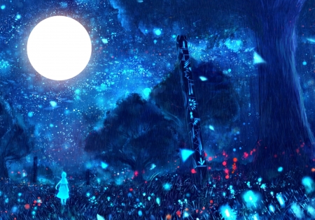 Moonlight - anime, luna, blue, manga, white, fantasy, moon, tree, bou nin, luminos