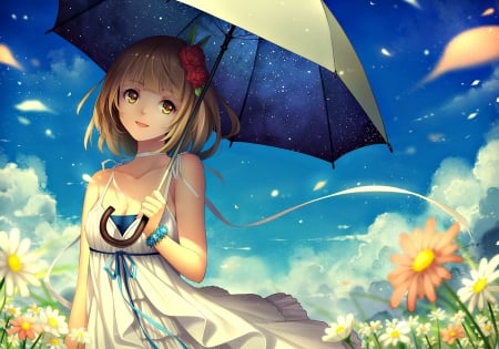 Summer day - anime, tidsean, summer, blue, girl, flower, orange, manga, umbrella, cloud, field