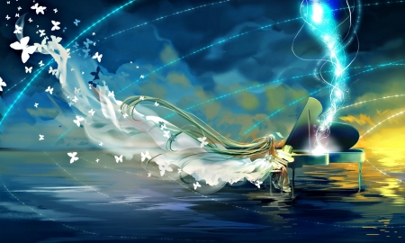 Hatsune Miku - piano, anime, vocaloid, water, blue, girl, hatsune miku, miemia, manga, white, art, luminos