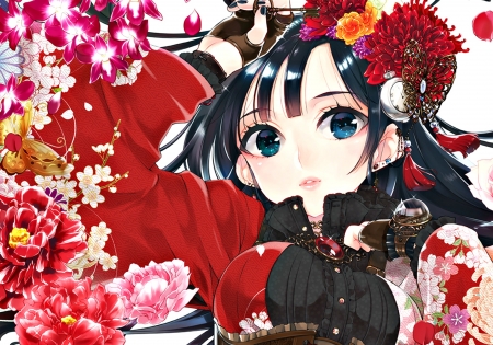 Girl - girl, black, red, pink, anime, peony, ko ru ri, flower, manga