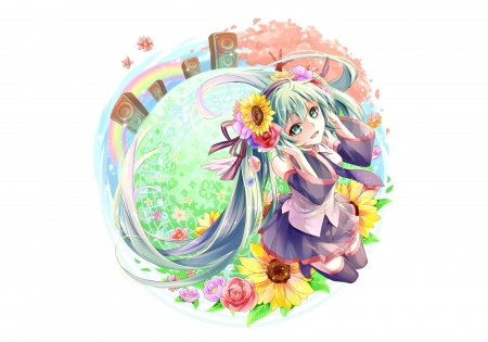 Hatsune Miku - flower, pink, vocaloid, anime, girl, manga, white, minland4099, hatsune miku, green