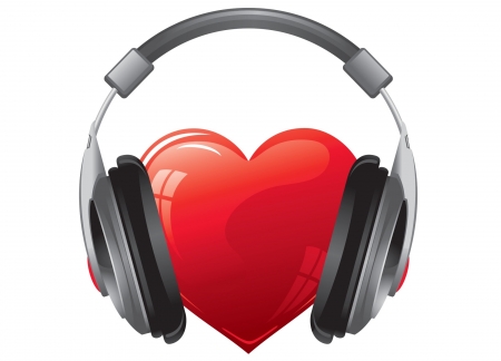 Listen to your heart - headphones, white, heart, red, valentine, card