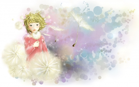 Girl - white, dandelion, pink, girl, fluffy, blue, art