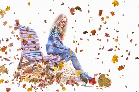 Autumn - white, autumn, art, girl, yellow, banch, blue, leaf