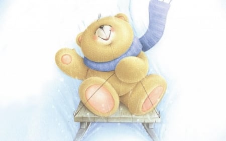 Winter fun - card, winter, cute, teddy bear, sleigh, funy, blue