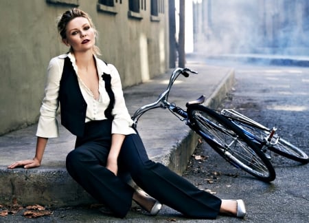 Kirsten Dunst - bike, street, Kirsten Dunst, black, woman, girl, actress