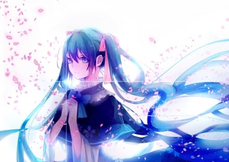 Cherry Blossoms - vocaloid, anime, cherry blossoms, bright, pigtails, hatsune miku, light, ribbons