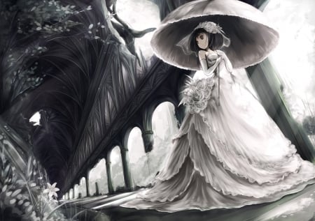 Searching For Love - parasol, veil, columns, anime, white dress, flowers, anime girl, wedding dress