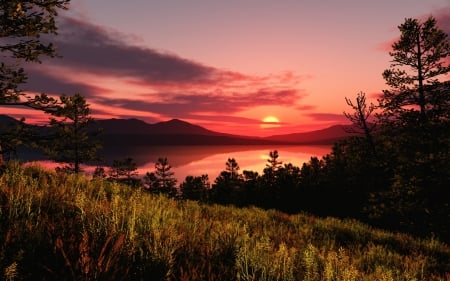 Sunset over the Mountain - lake, forest, mountains, landscape, clouds, trees, sunset, nature