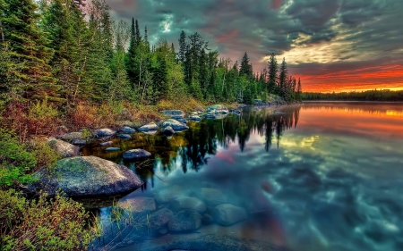 Lake - nature, lake, reflection, blue, sunset, grass, pines, rocks