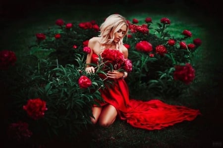 Blonde - red, garden, beauty, model, flowers, girl, dress