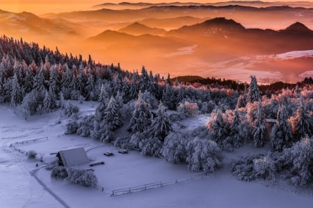 Beautiful View - clouds, trees, winter, splendor, snow, landscape, sunset, winter time, nature, mountains, sky