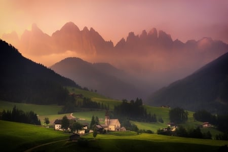 Landscape - clouds, landscape, village, sunset, nature, view, mountains, houses, sky