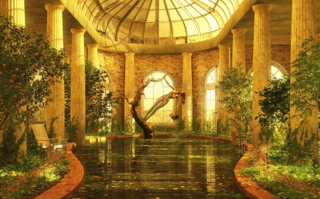 Hall - architecture, plants, water, hall, statue