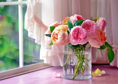 Bouquet of roses - fragrance, roses, bouquet, still life, vase, view, home, pretty, window, petals, beautiful, leaves, scent, flowers