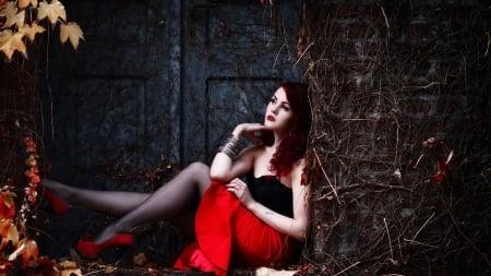 Lovely Girl - sitting, red, woman, model