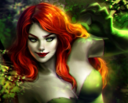 Poison Ivy - girl, loputon, poison ivy, fantasy, redhead, green, woman, face, art