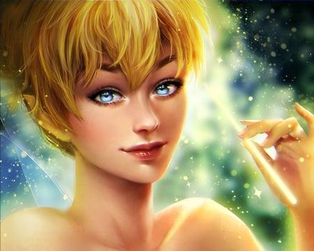 TinkerBell - woman, tinkerbell, girl, art, yellow, hand, green, fairy, loputon, fantays, blonde