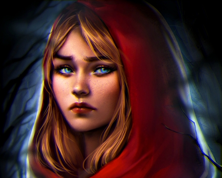 Red Riding Hood - red, portrait, red riding hood, dark, girl, art, loputon, fantasy, woman