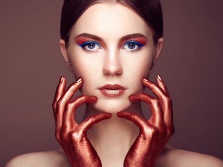 Beauty - girl, beauty, make-up, hand, red, woman, face, oleg gekman, blue eyes