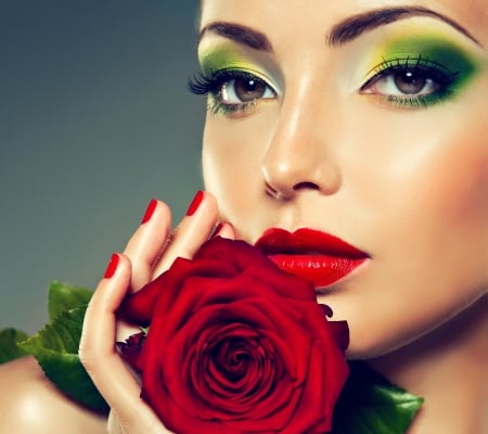 Beauty - girl, lips, make-up, hand, red, green, woman, model, rose, face