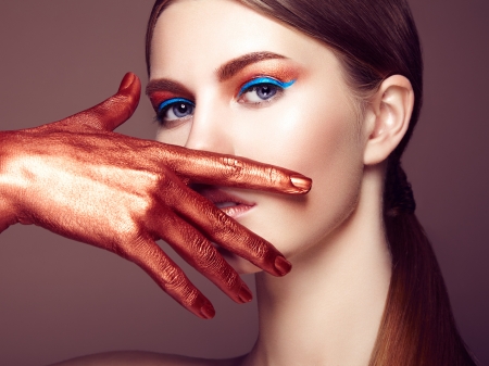 Beauty - blue, girl, eyes, make-up, hand, red, woman, model, face, oleg gekman