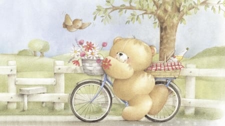 Please, join my picninc - summer, card, flower, bird, cute, teddy bear, picnic, spring