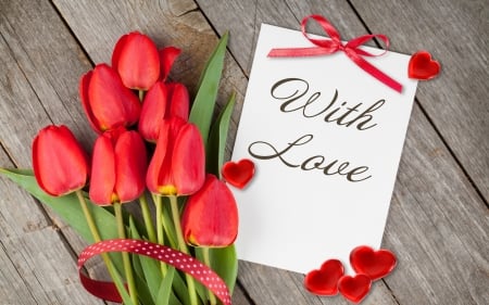 Happy Valentine's Day! - wood, spring, love, flower, tulip, white, red, green, valentine, bow, card