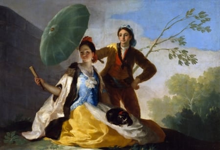 The parasol - the parasol, yellow, girl, umbrella, art, pictura, francisco de goya, painting, couple, guy, woman, boy, man