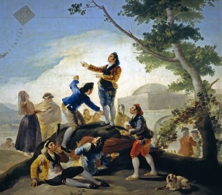 Kite flying - kyte flying, girl, art, pictura, people, francisco de goya, tree, painting, man