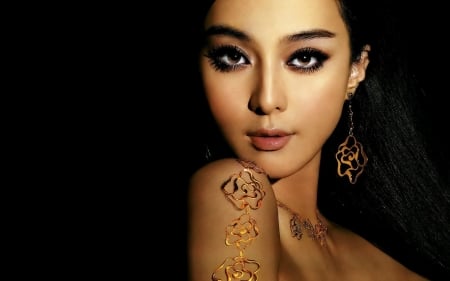 Fan Bingbing - face, black, model, fan bingbing, jewel, girl, tattoo, asian, woman