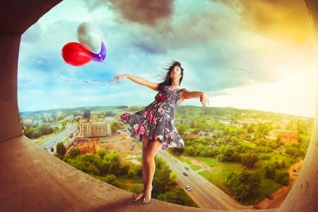 Caressed by the Wind - balance, woman, balloons, daydreams