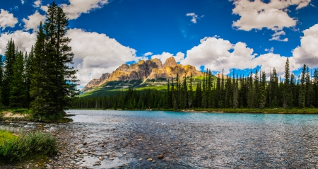 Castle Mountain, Banff National Park, Alberta, Canada - water, landscape, clouds, river, trees