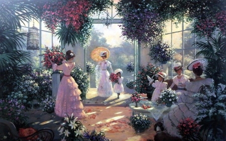 tea time - woman, flowers, girl, umbrella